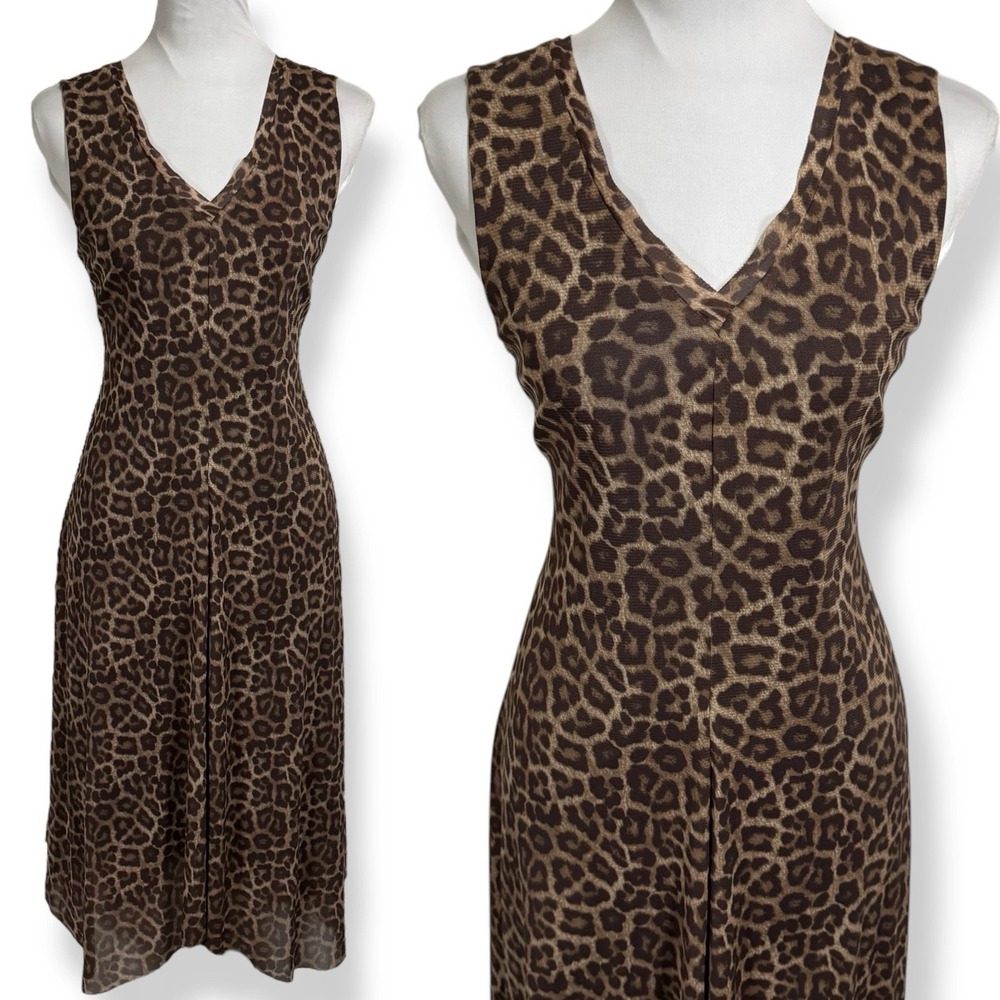 T Tahari Leopard Print Dress Size M V Neck Mesh Knit Sleeveless Flare Asymmetric - Picture 2 of 16